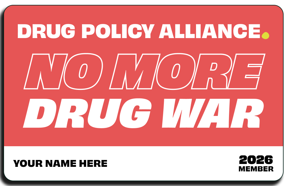 A red 2026 DPA membership card saying No More Drug War